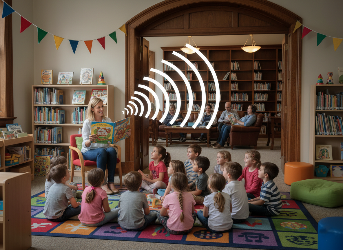 Children's library story time with sound bleed illustrated into adjacent quiet reading zone